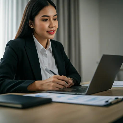 Professional female leader analyzing data on a laptop in a bright office