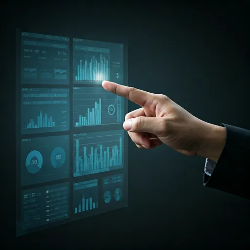 Close-up of a professional pointing at a data-rich digital dashboard screen