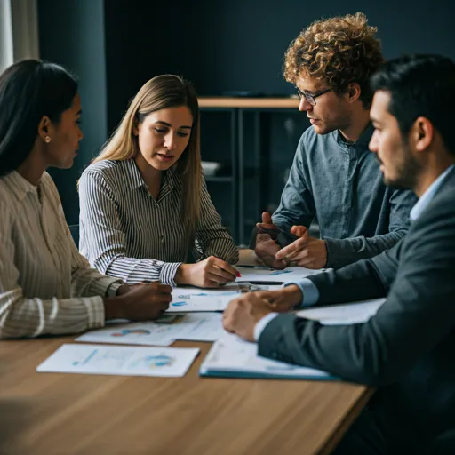 Diverse small group of professionals discussing corporate strategy around a conference table